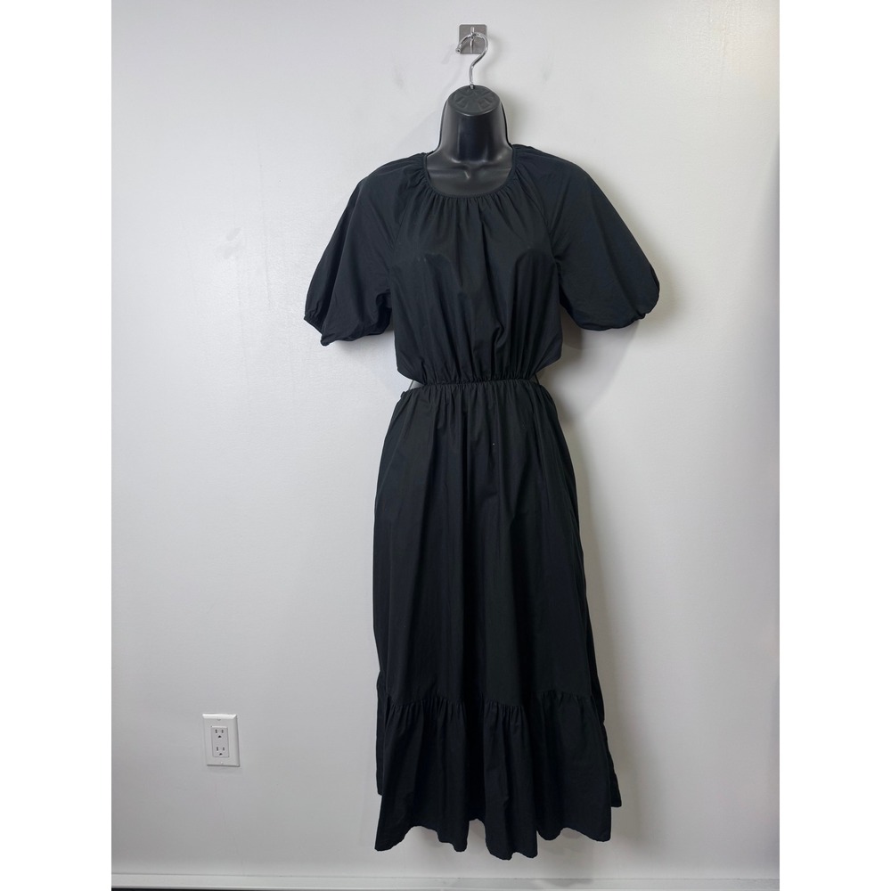 J.Crew Women Black Midi Dress Puff Sleeve Cutout Tiered Cotton XS